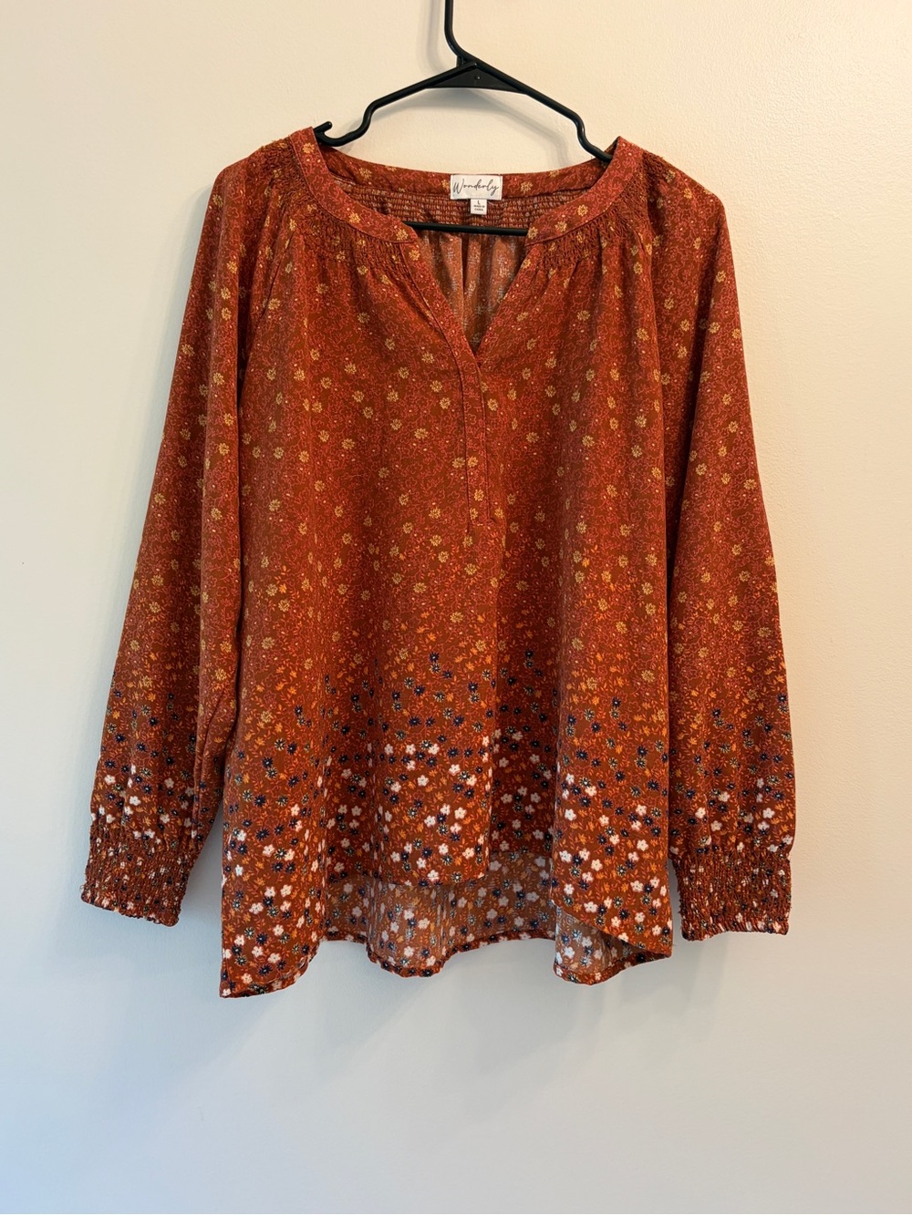 Wonderly | Rust Orange Floral Long-Sleeve Peasant Top
